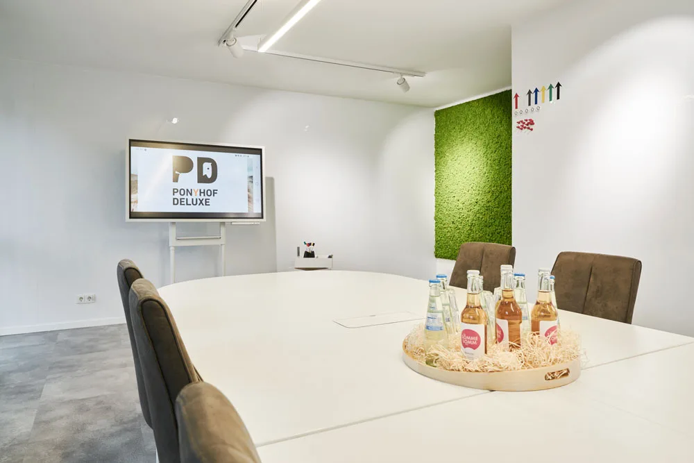 Derselbe Seminarraum von der anderen Seite: ein Bildschirm mit dem Ponyhof-Deluxe-Logo, davor ein Tisch mit Getränken