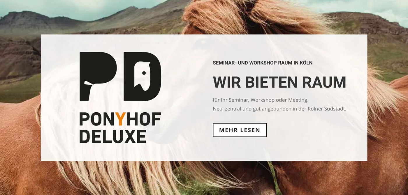 Banner von Ponyhof Deluxe mit dem Schriftzug „Wir bieten Raum“ vor einem Pferdemotiv