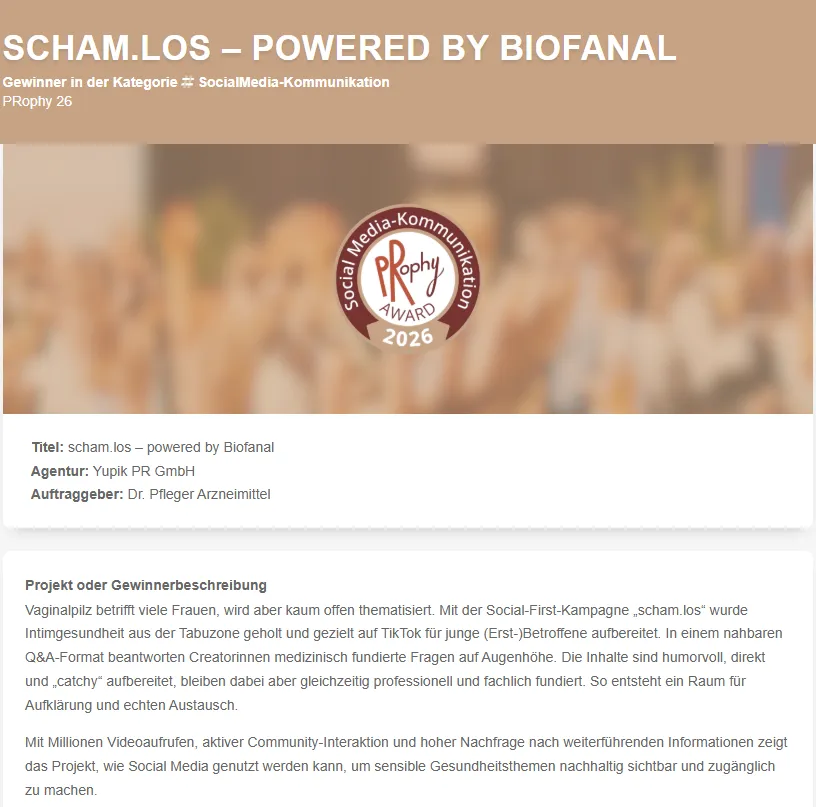 Eintrag auf der PRophy-Website: „scham.los – powered by Biofanal“, Gewinner in der Kategorie SocialMedia-Kommunikation, mit dem Award-Siegel 2026