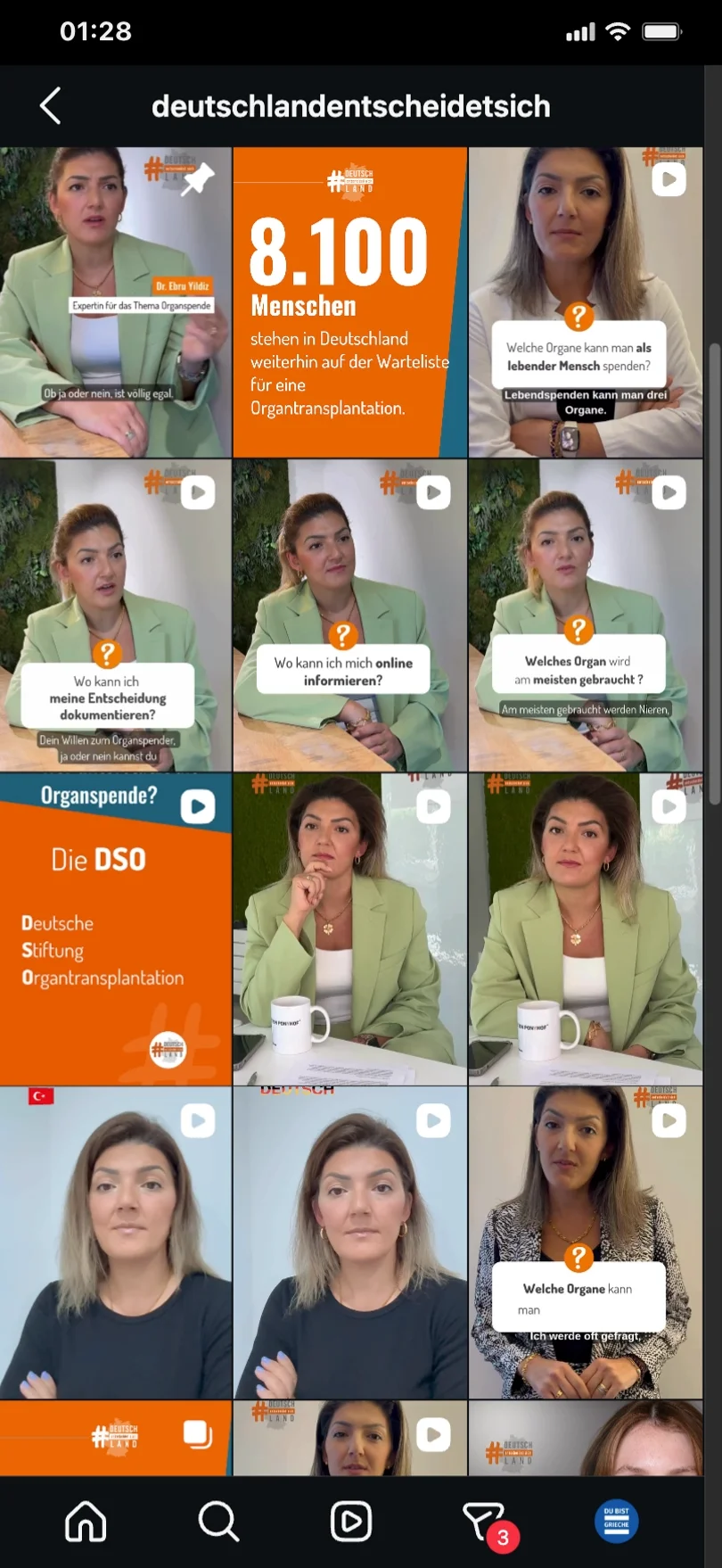 Instagram-Profil @deutschlandentscheidetsich: ein Raster aus Videobeiträgen mit Dr. Ebru Yildiz und orangefarbenen Infokacheln, darunter „8.100 Menschen stehen in Deutschland weiterhin auf der Warteliste für eine Organtransplantation“