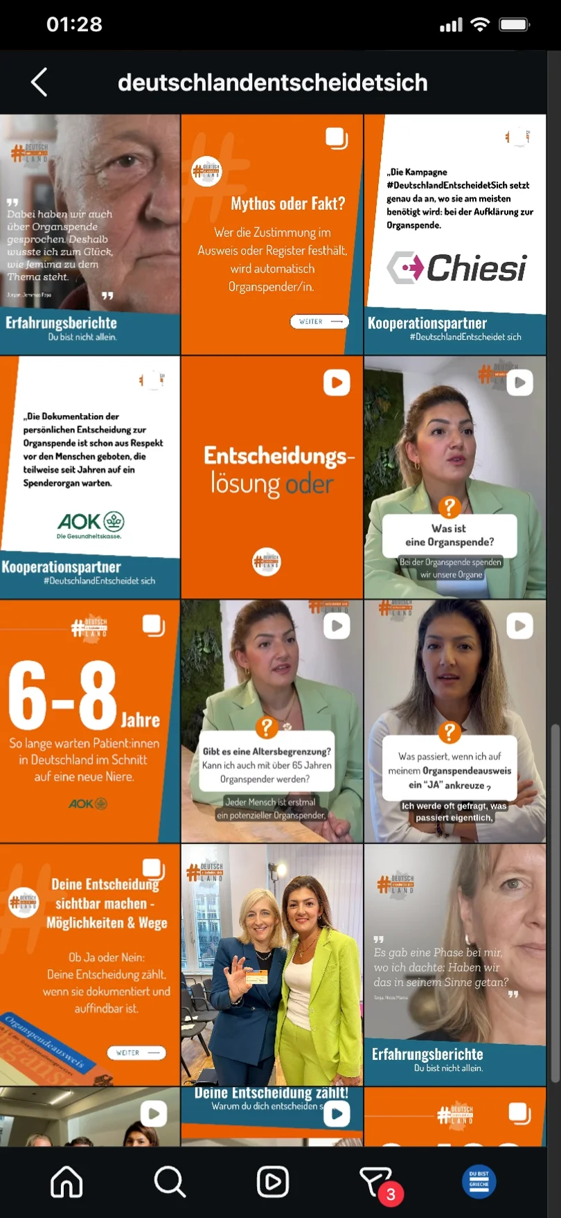 Zweiter Ausschnitt desselben Instagram-Profils mit Erfahrungsberichten, den Kooperationspartnern Chiesi und AOK und der Kachel „6–8 Jahre warten Patient:innen in Deutschland im Schnitt auf eine neue Niere“