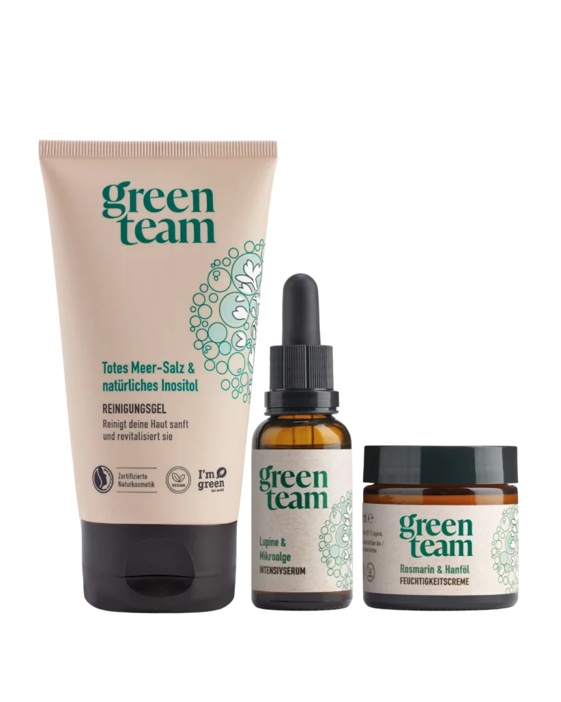 Produktgruppe der Dermokosmetikmarke green team: Reinigungsgel, Intensivserum und Feuchtigkeitscreme