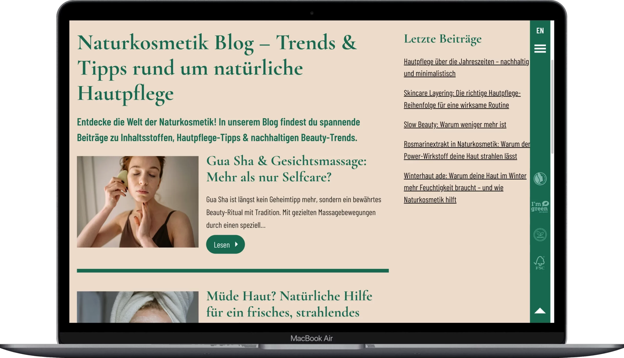 Die Markenwebsite greenteam-naturkosmetik.de auf einem Notebook