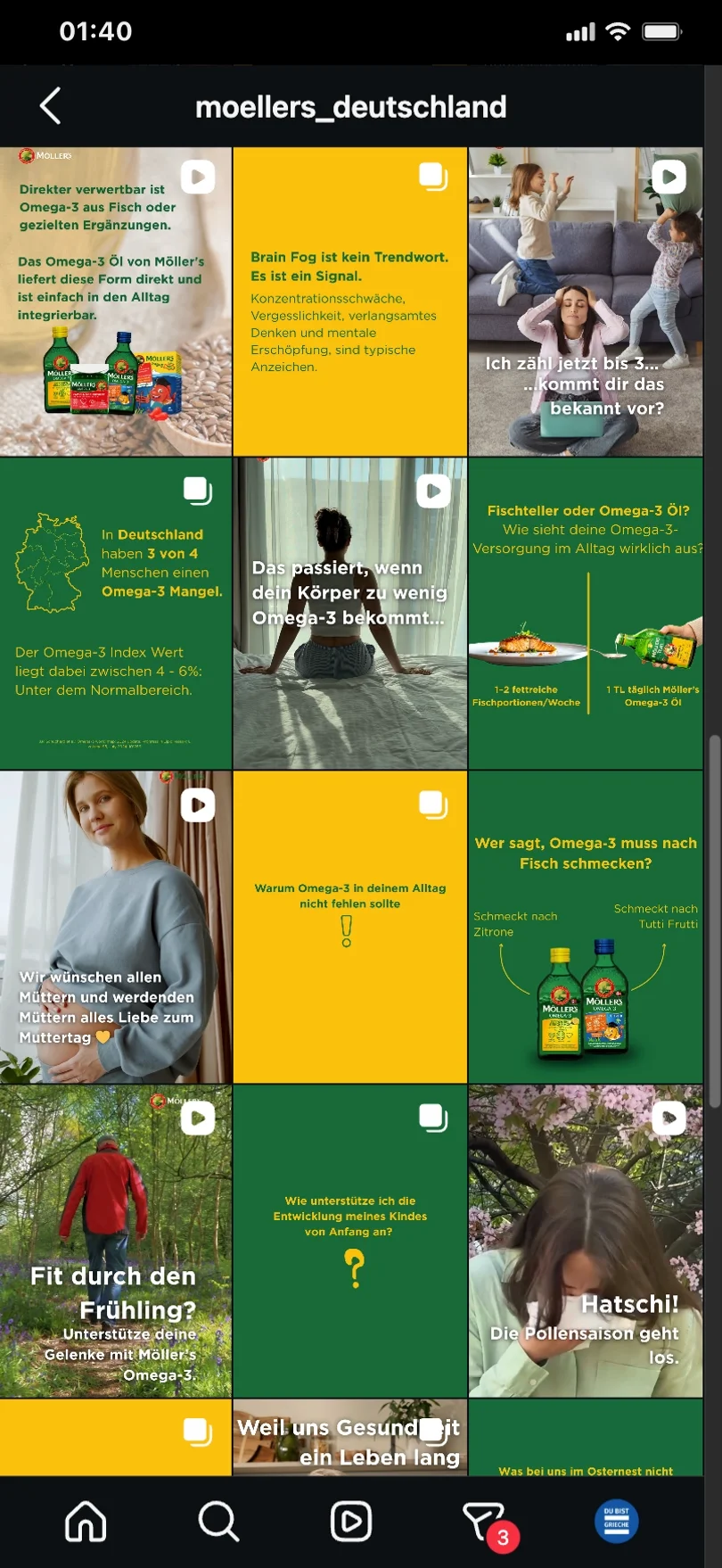 Instagram-Profil moellers_deutschland: ein Raster aus Beiträgen zu Omega-3, darunter „In Deutschland haben 3 von 4 Menschen einen Omega-3-Mangel“ und „Fischteller oder Omega-3 Öl?“