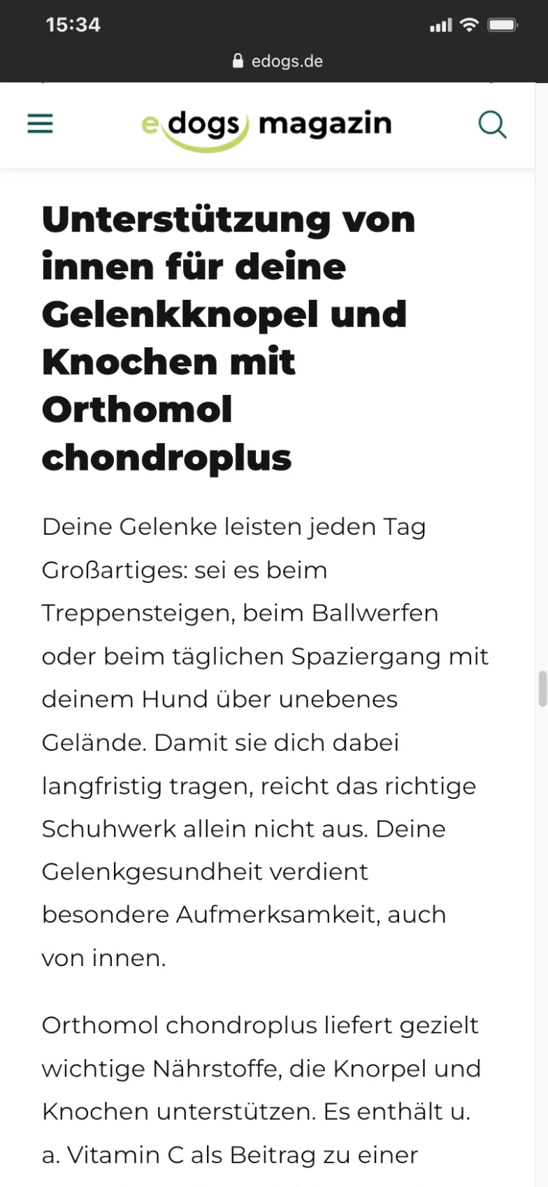 Beitrag im e:dogs Magazin mit der Überschrift „Unterstützung von innen für deine Gelenkknorpel und Knochen mit Orthomol chondroplus“