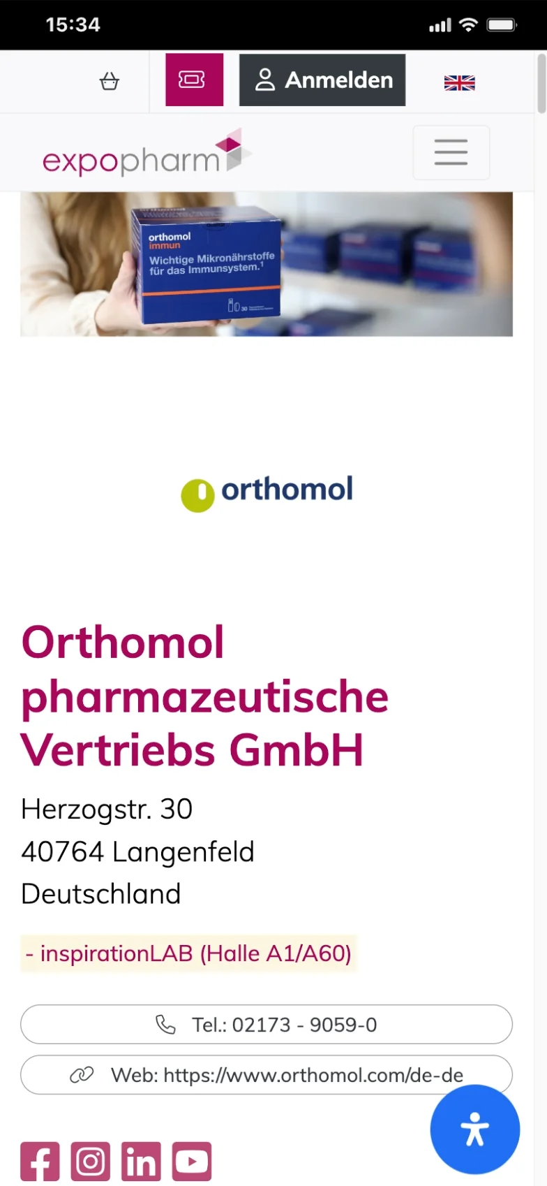 Ausstellereintrag von Orthomol auf expopharm.de: eine Packung Orthomol Immun am Messestand, darunter Logo, Firmierung und der Hinweis auf das inspirationLAB in Halle A1