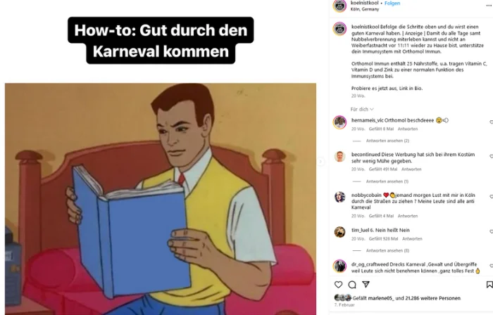Instagram-Beitrag von koelnistkool: ein Meme „How-to: Gut durch den Karneval kommen“ für Orthomol Immun, daneben Bildunterschrift und Kommentare