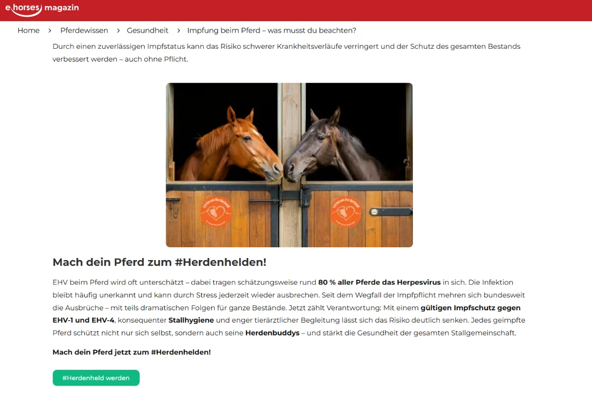 Online-Advertorial zur Herpesimpfung auf dem Pferdeportal ehorses