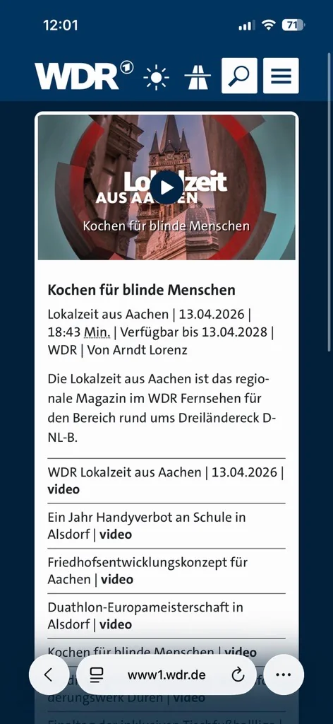 Screenshot der WDR-Mediathek: Beitrag „Kochen für blinde Menschen“ aus der Lokalzeit aus Aachen vom 13. April 2026