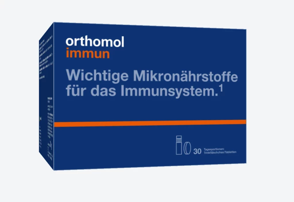 Packung Orthomol immun mit der Aufschrift „Wichtige Mikronährstoffe für das Immunsystem“